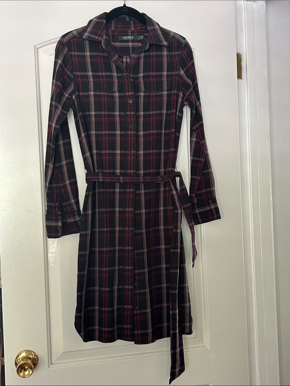 Lauren Ralph Lauren Plaid Shirt Dress Size 0 100% Cotton Belted Long Sleeve